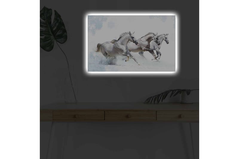 Canvastavla med LED-belysning - Tre vita hästar som galopperar genom snölandskap - Vit / Ljusgrå / Blå - Inredning - Tavlor & posters - Canvastavla