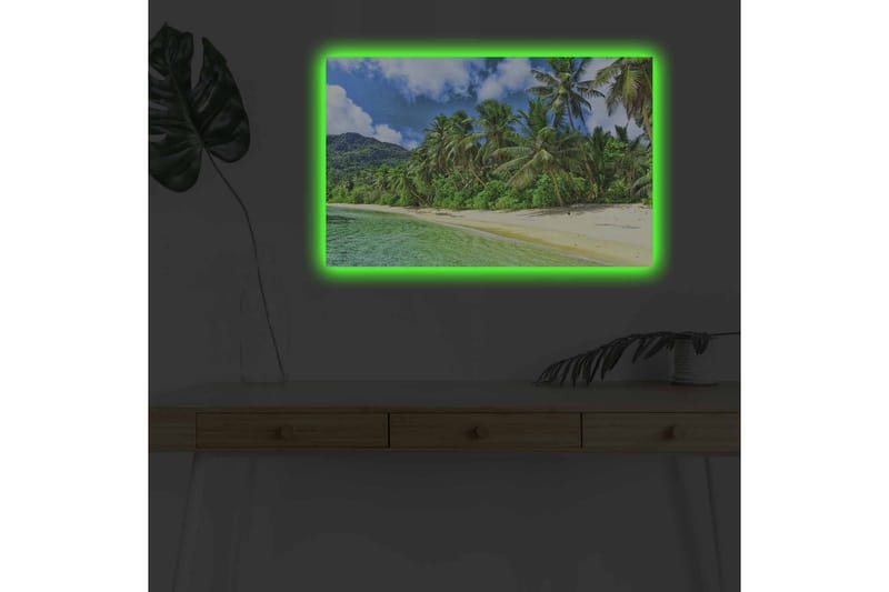 Canvastavla med LED-belysning - Tropisk strand med palmer och klart vatten - Grön / Blå / Sandfärgad - Inredning - Tavlor & posters - Canvastavla