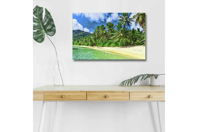 Canvastavla med LED-belysning - Tropisk strand med palmer och klart vatten - Grön / Blå / Sandfärgad - Inredning - Tavlor & posters - Canvastavla