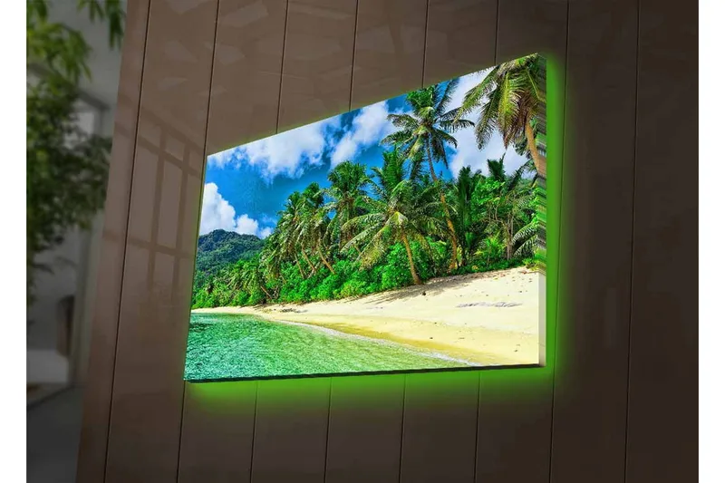 Canvastavla med LED-belysning - Tropisk strand med palmer och klart vatten - Grön / Blå / Sandfärgad - Inredning - Tavlor & posters - Canvastavla