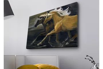 Canvastavla med LED-belysning - Två hästar i rörelse med kraftfulla muskulösa former - Guld / Svart - Inredning - Tavlor & posters - Canvastavla
