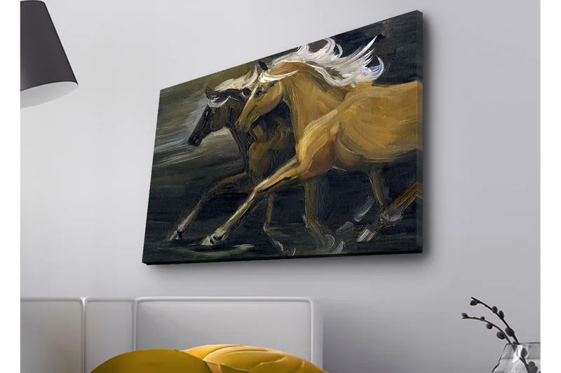 Canvastavla med LED-belysning - Två hästar i rörelse med kraftfulla muskulösa former - Guld / Svart - Inredning - Tavlor & posters - Canvastavla
