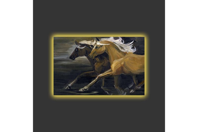 Canvastavla med LED-belysning - Två hästar i rörelse med kraftfulla muskulösa former - Guld / Svart - Inredning - Tavlor & posters - Canvastavla