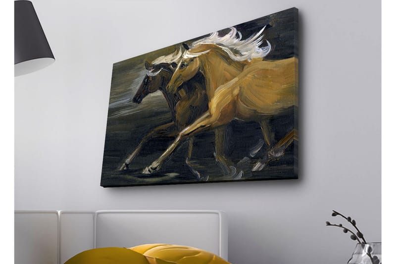 Canvastavla med LED-belysning - Två hästar i rörelse med kraftfulla muskulösa former - Guld / Svart - Inredning - Tavlor & posters - Canvastavla
