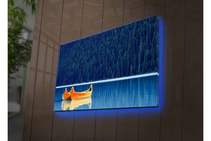 Canvastavla med LED-belysning - Två kanoter i en spegelblanka sjö omgiven av tät skog - Blå / Orange - Inredning - Tavlor & posters - Canvastavla