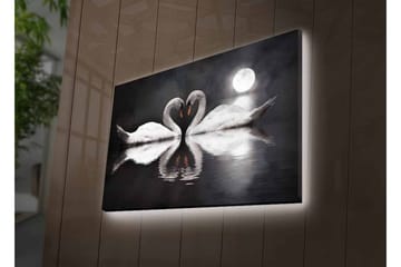 Canvastavla med LED-belysning - Två svanar som formar ett hjärta i en spegelblanka sjö under en måne - Vit / Svart / Grå - Inredning - Tavlor & posters - Canvastavla