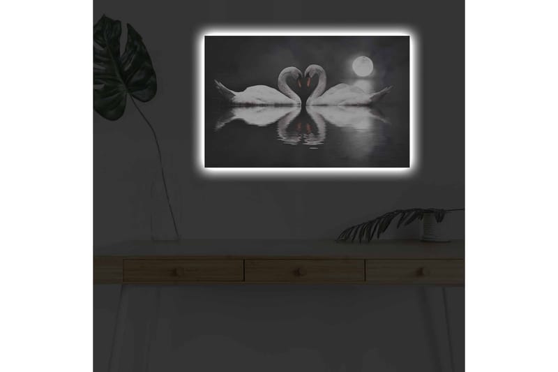 Canvastavla med LED-belysning - Två svanar som formar ett hjärta i en spegelblanka sjö under en måne - Vit / Svart / Grå - Inredning - Tavlor & posters - Canvastavla