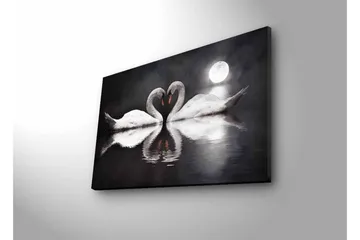 Canvastavla med LED-belysning - Två svanar som formar ett hjärta i en spegelblanka sjö under en måne - Vit / Svart / Grå - Inredning - Tavlor & posters - Canvastavla