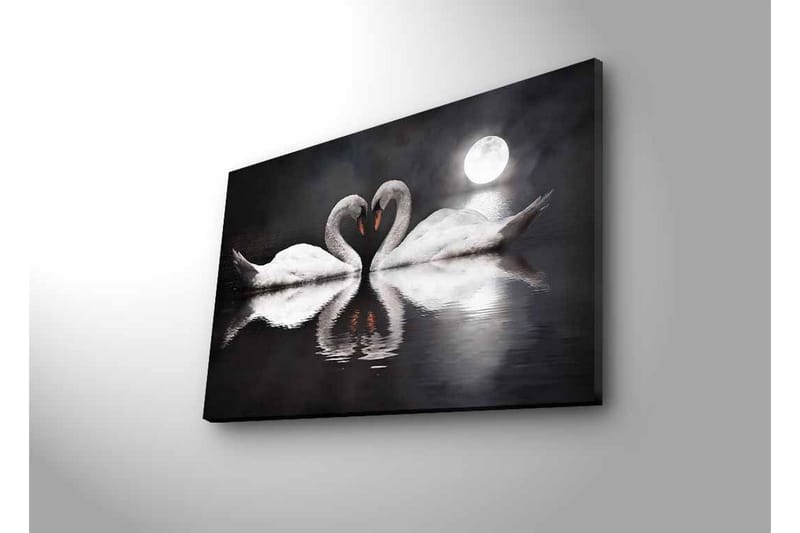 Canvastavla med LED-belysning - Två svanar som formar ett hjärta i en spegelblanka sjö under en måne - Vit / Svart / Grå - Inredning - Tavlor & posters - Canvastavla