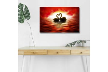 Canvastavla med LED-belysning - Två svanar som formar ett hjärta mot en dramatisk solnedgång - Röd / Svart / Orange - Inredning - Tavlor & posters - Canvastavla