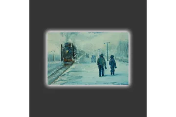 Canvastavla med LED-belysning - Två personer som promenerar i snön under en dimmig himmel - Blå / Vit / Grå - Inredning - Tavlor & posters - Canvastavla