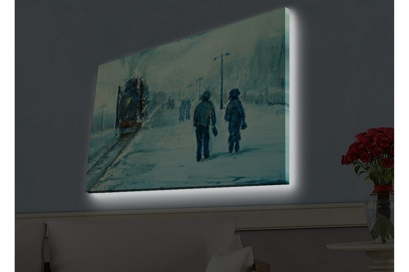 Canvastavla med LED-belysning - Två personer som promenerar i snön under en dimmig himmel - Blå / Vit / Grå - Inredning - Tavlor & posters - Canvastavla