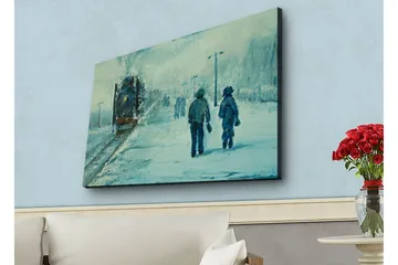 Canvastavla med LED-belysning - Två personer som promenerar i snön under en dimmig himmel - Blå / Vit / Grå - Inredning - Tavlor & posters - Canvastavla