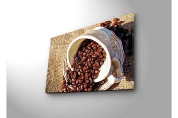 Canvastavla med LED-belysning - Utkast av en kopp med kaffebönor som sprider sig över en juteväv - Mörkbrun / Beige - Inredning - Tavlor & posters - Canvastavla