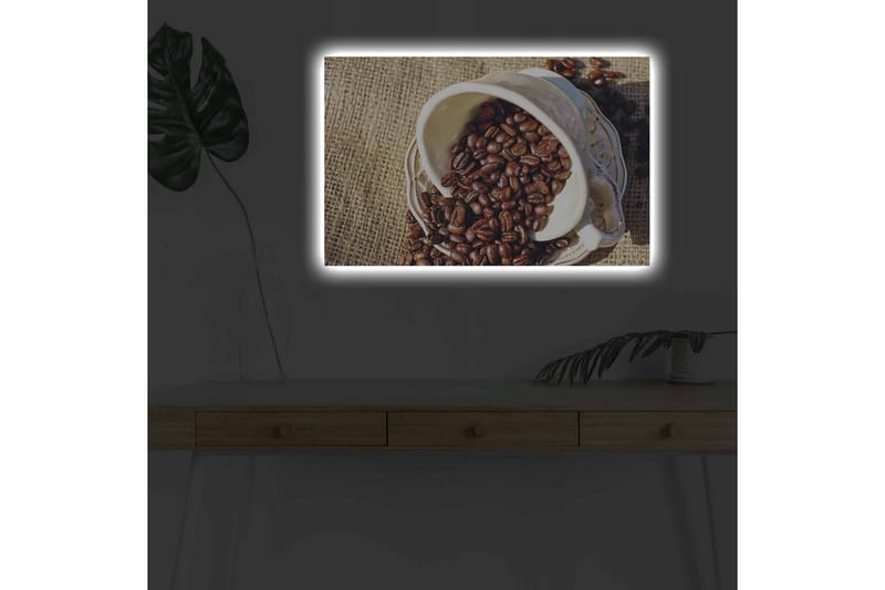 Canvastavla med LED-belysning - Utkast av en kopp med kaffebönor som sprider sig över en juteväv - Mörkbrun / Beige - Inredning - Tavlor & posters - Canvastavla