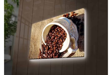 Canvastavla med LED-belysning - Utkast av en kopp med kaffebönor som sprider sig över en juteväv - Mörkbrun / Beige - Inredning - Tavlor & posters - Canvastavla