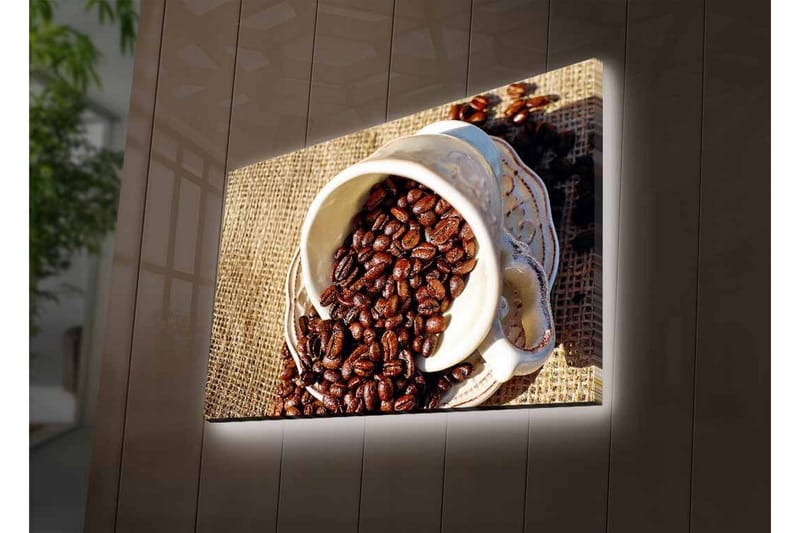 Canvastavla med LED-belysning - Utkast av en kopp med kaffebönor som sprider sig över en juteväv - Mörkbrun / Beige - Inredning - Tavlor & posters - Canvastavla