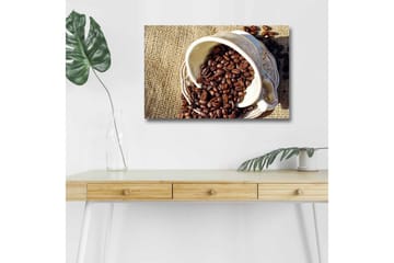 Canvastavla med LED-belysning - Utkast av en kopp med kaffebönor som sprider sig över en juteväv - Mörkbrun / Beige - Inredning - Tavlor & posters - Canvastavla