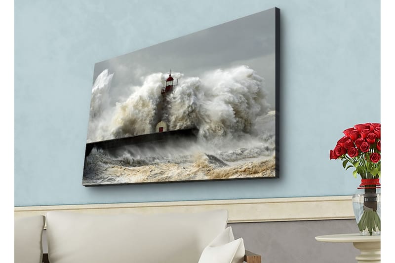 Canvastavla med LED-belysning - Vågskvalp som slår mot en fyr i stormigt väder - Grå / Vit / Brun - Inredning - Tavlor & posters - Canvastavla