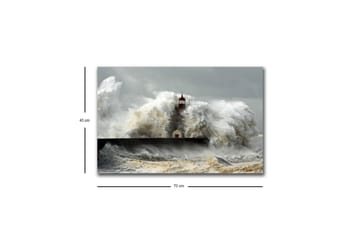 Canvastavla med LED-belysning - Vågskvalp som slår mot en fyr i stormigt väder - Grå / Vit / Brun - Inredning - Tavlor & posters - Canvastavla