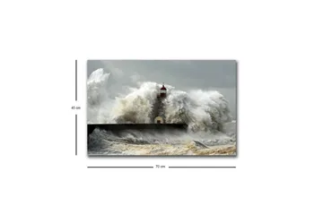 Canvastavla med LED-belysning - Vågskvalp som slår mot en fyr i stormigt väder - Grå / Vit / Brun - Inredning - Tavlor & posters - Canvastavla