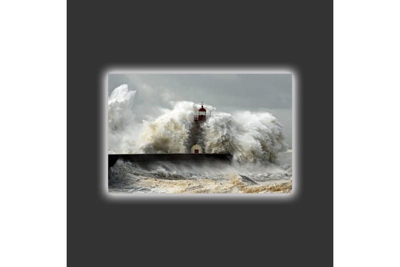Canvastavla med LED-belysning - Vågskvalp som slår mot en fyr i stormigt väder - Grå / Vit / Brun - Inredning - Tavlor & posters - Canvastavla