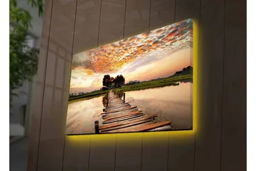 Canvastavla med LED-belysning - Vacker brygga som sträcker sig ut över stilla vatten vid solnedgången - Orange / Blå / Grön - Inredning - Tavlor & posters - Canvastavla