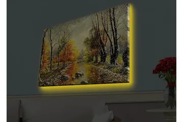 Canvastavla med LED-belysning - Vacker höstlandskap med en spegelblanka flod omgiven av färgglada träd - Orange / Grön / Brun - Inredning - Tavlor & posters - Canvastavla