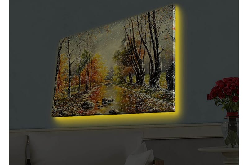 Canvastavla med LED-belysning - Vacker höstlandskap med en spegelblanka flod omgiven av färgglada träd - Orange / Grön / Brun - Inredning - Tavlor & posters - Canvastavla