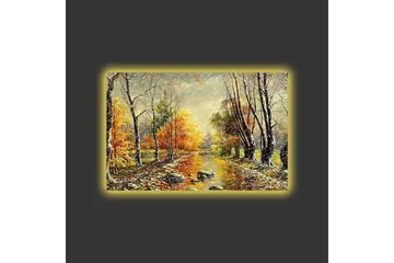 Canvastavla med LED-belysning - Vacker höstlandskap med en spegelblanka flod omgiven av färgglada träd - Orange / Grön / Brun - Inredning - Tavlor & posters - Canvastavla
