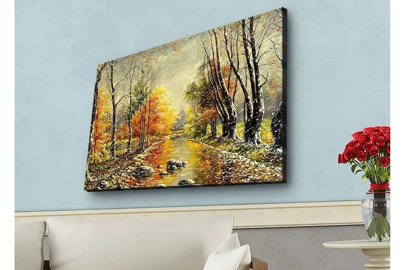 Canvastavla med LED-belysning - Vacker höstlandskap med en spegelblanka flod omgiven av färgglada träd, Orange / Grön / Brun