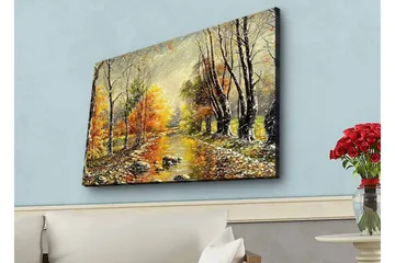 Canvastavla med LED-belysning - Vacker höstlandskap med en spegelblanka flod omgiven av färgglada träd - Orange / Grön / Brun - Inredning - Tavlor & posters - Canvastavla