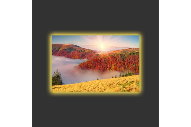 Canvastavla med LED-belysning - Vacker höstlandskap med färgglada träd och soluppgång - Röd / Orange / Gul - Inredning - Tavlor & posters - Canvastavla