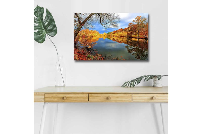 Canvastavla med LED-belysning - Vacker höstlandskap med spegelblanka sjöar och färgglada träd - Orange / Gult / Grönt - Inredning - Tavlor & posters - Canvastavla