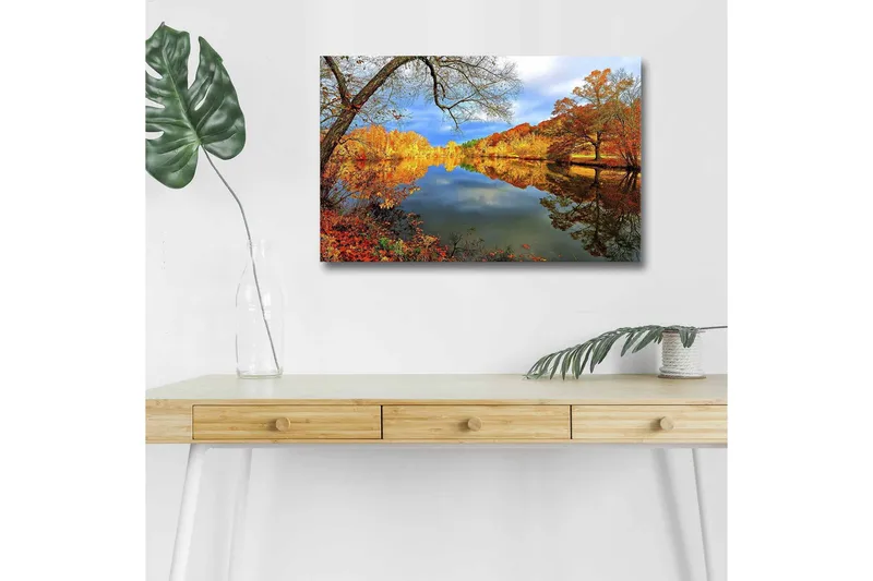 Canvastavla med LED-belysning - Vacker höstlandskap med spegelblanka sjöar och färgglada träd - Orange / Gult / Grönt - Inredning - Tavlor & posters - Canvastavla