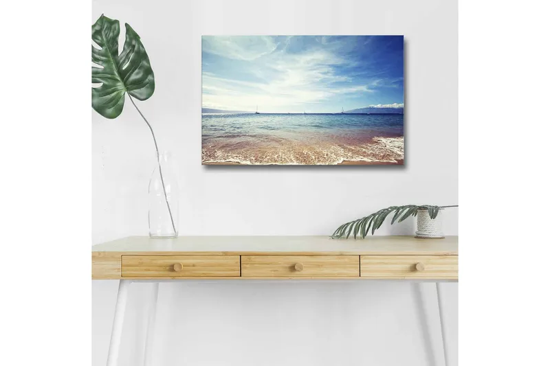 Canvastavla med LED-belysning - Vacker havsutsikt med klarblå himmel och mjuka vågor - Blå / Beige / Vit - Inredning - Tavlor & posters - Canvastavla