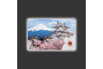 Canvastavla med LED-belysning - Vacker japansk slott med körsbärsblommor och Mount Fuji i bakgrunden - Vit / Rosa / Blå - Inredning - Tavlor & posters - Canvastavla