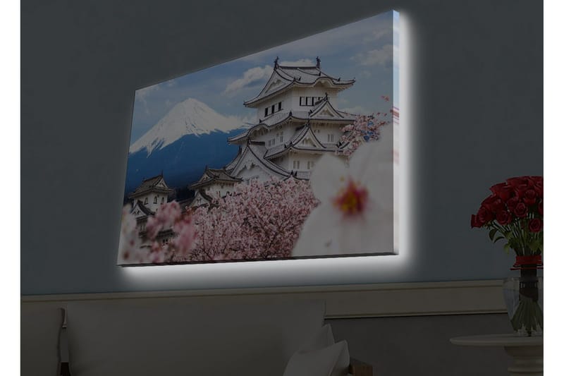 Canvastavla med LED-belysning - Vacker japansk slott med körsbärsblommor och Mount Fuji i bakgrunden - Vit / Rosa / Blå - Inredning - Tavlor & posters - Canvastavla