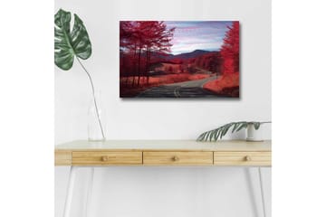 Canvastavla med LED-belysning - Vacker landskapsvy med röda träd och en slingrande väg - Röd / Grå / Blå - Inredning - Tavlor & posters - Canvastavla