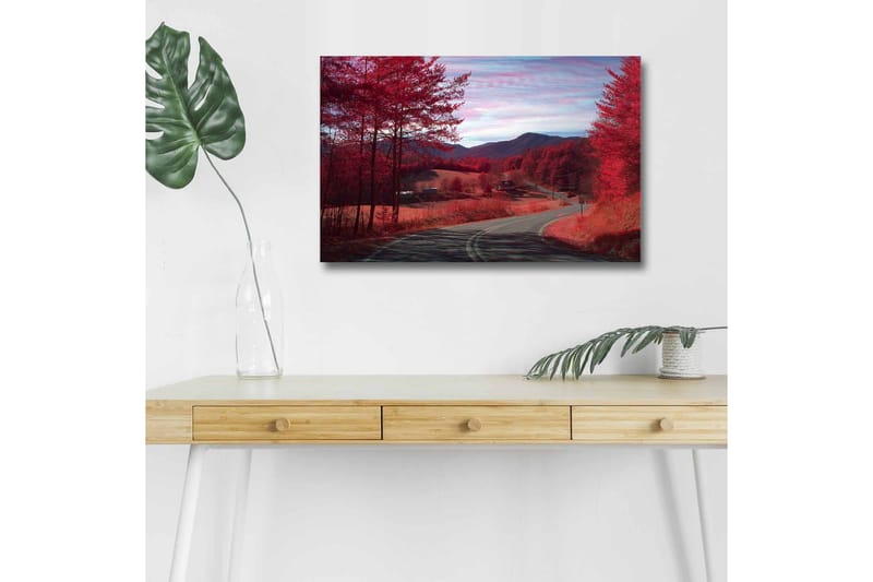Canvastavla med LED-belysning - Vacker landskapsvy med röda träd och en slingrande väg, Röd / Grå / Blå