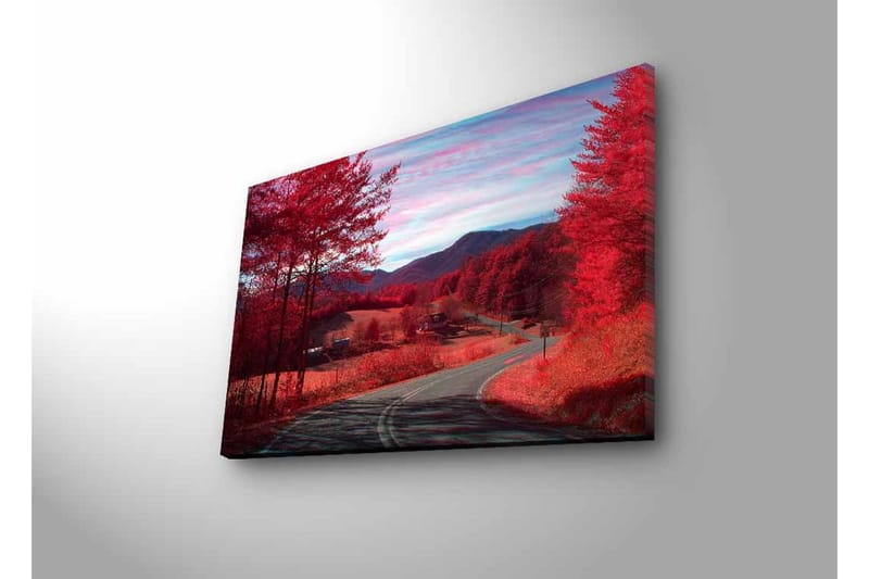 Canvastavla med LED-belysning - Vacker landskapsvy med röda träd och en slingrande väg - Röd / Grå / Blå - Inredning - Tavlor & posters - Canvastavla