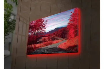 Canvastavla med LED-belysning - Vacker landskapsvy med röda träd och en slingrande väg - Röd / Grå / Blå - Inredning - Tavlor & posters - Canvastavla