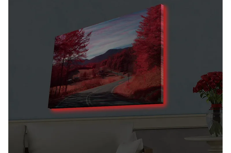 Canvastavla med LED-belysning - Vacker landskapsvy med röda träd och en slingrande väg, Röd / Mörkröd
