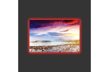 Canvastavla med LED-belysning - Vacker landskapsvy med soluppgång över en dimmig sjö - Lila / Orange / Blå - Inredning - Tavlor & posters - Canvastavla
