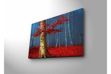 Canvastavla med LED-belysning - Vacker skog med röda höstlöv och en ljus stam i dimma - Röd / Grön / Blå - Inredning - Tavlor & posters - Canvastavla