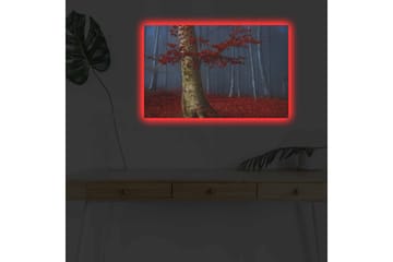 Canvastavla med LED-belysning - Vacker skog med röda höstlöv och en ljus stam i dimma - Röd / Grön / Blå - Inredning - Tavlor & posters - Canvastavla