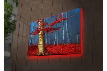Canvastavla med LED-belysning - Vacker skog med röda höstlöv och en ljus stam i dimma - Röd / Grön / Blå - Inredning - Tavlor & posters - Canvastavla