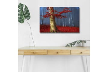 Canvastavla med LED-belysning - Vacker skog med röda höstlöv och en ljus stam i dimma - Röd / Grön / Blå - Inredning - Tavlor & posters - Canvastavla