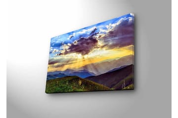 Canvastavla med LED-belysning - Vacker solnedgång över berg och dalar - Blå / Orange / Grön - Inredning - Tavlor & posters - Canvastavla