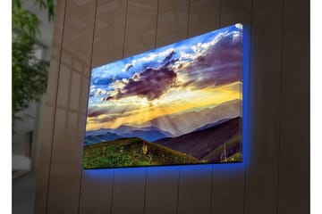 Canvastavla med LED-belysning - Vacker solnedgång över berg och dalar - Blå / Orange / Grön - Inredning - Tavlor & posters - Canvastavla